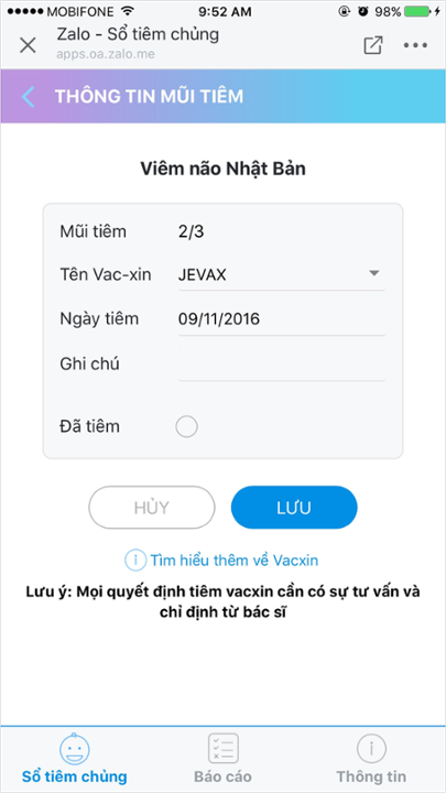 
Lưu ý: khi chọn tình trạng đã tiêm sẽ không thể cập nhật lại cho mũi tiêm này.
