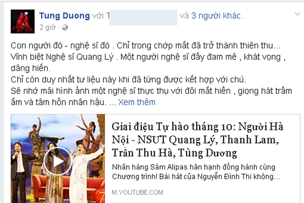 
Nam ca sĩ Tùng Dương cũng chung niềm thương tiếc.
