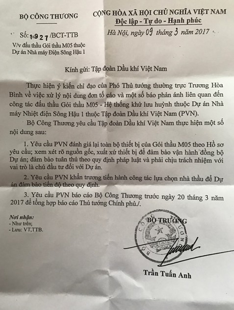 Bộ Công thương đã có văn bản gửi đến Tập đoàn dầu khí Việt Nam (PVN) sau khi thực hiện ý kiến chỉ đạo của Phó Thủ tướng thường trực Trương Hòa Bình