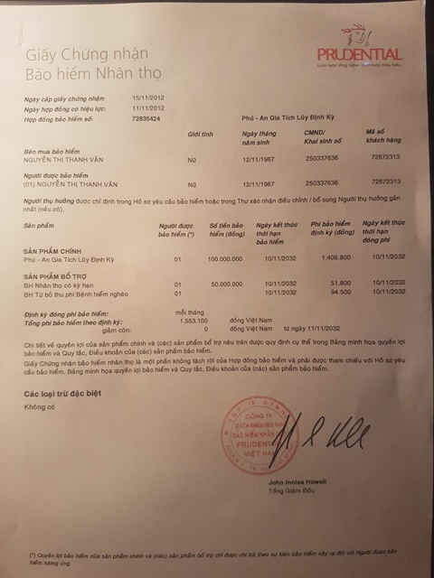 Thư báo hồ sơ tham gia bảo hiểm nhân thọ đã hoàn tất được công ty Prudential gửi đến bà Nguyễn Thị Thanh Vân. Ảnh: PV
