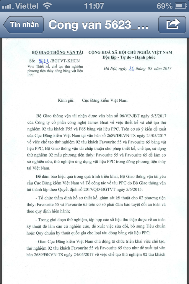 Văn bản của Bộ GTVT do Thứ trưởng Nguyễn Nhật ký cho phép thiết kế, chế tạo sử dụng tàu F55 và F65 bằng vật liệu PPC. (ảnh: HC)