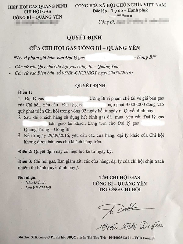 
Một quyết định xử phạt của hiệp hội gas chui đối với đại lý kinh doanh gas. (ảnh: HC)
