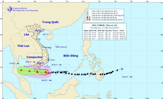 Vị trí và đường đi của cơn bão Tembin. Hình: NCMHF