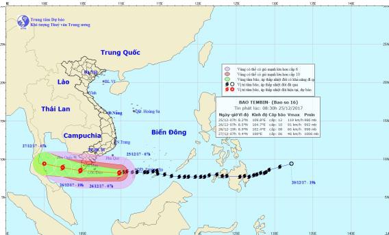 Vị trí và đường đi của cơn bão Tembin. Ảnh: NCHMF