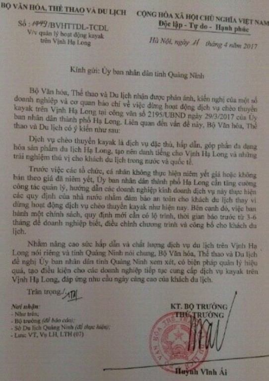 
Công văn của Bộ Văn hoá TTDL đề nghị tỉnh Quảng Ninh xem xét cho hoạt động chèo thuyền Kayak trở lại. Ảnh: Đ.Tuỳ
