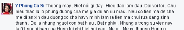 
Ca sĩ Y Phụng cho rằng chỉ có những đứa con không lo phụng dưỡng mẹ già để mẹ già rơi vào cảnh ăn xin đầu đường xó chợ mới phạm tội bất hiếu.
