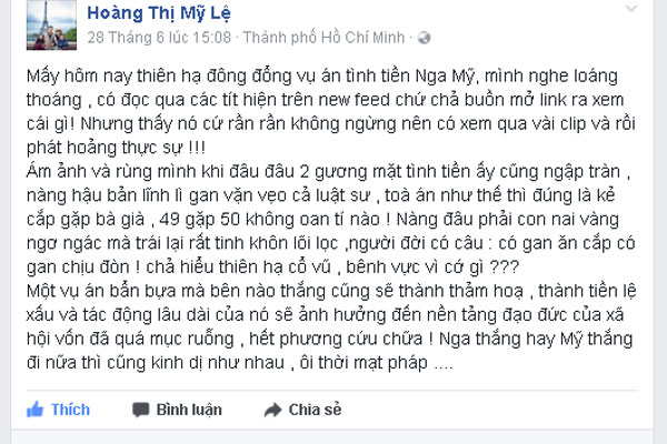 
Ca sĩ Mỹ Lệ rất không đồng tình với việc bênh vực Phương Nga.
