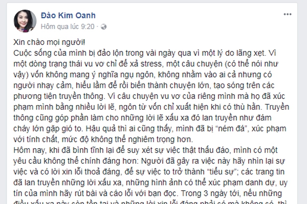 
Kim Oanh tuyên bố sẽ kiện người xúc phạm danh dự nếu không xin lỗi.
