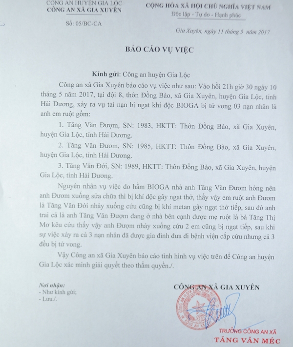 
Báo cáo sự việc 3 anh em ruột tử vong của Ban Công an xã Gia Xuyên. Ảnh: Đ.Tuỳ
