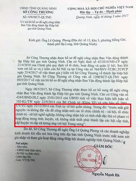 
Văn bản của Sở Công thương Quảng Ninh không chấp thuận cho việc thành lập Hiệp hội gas Quảng Ninh. (ảnh: HC)
