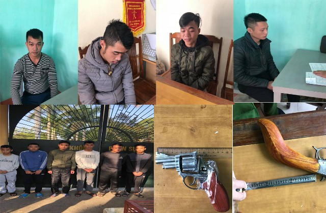 10 đối tượng gây rối và 2 khẩu súng tự chế bắn đạn ria của Phạm Văn Minh và Nguyễn Văn Cường.