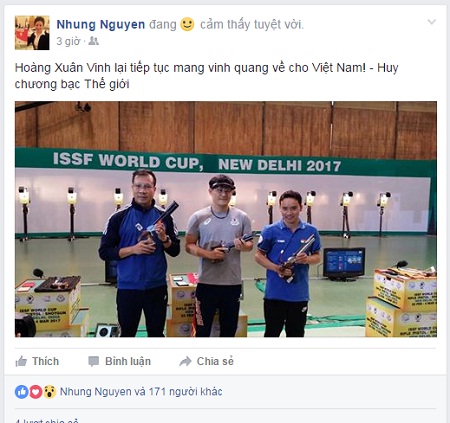 
HLV Nguyễn Thị Nhung thông báo trên trang facebook về thành tích mà Hoàng Xuân Vinh mới giành được.
