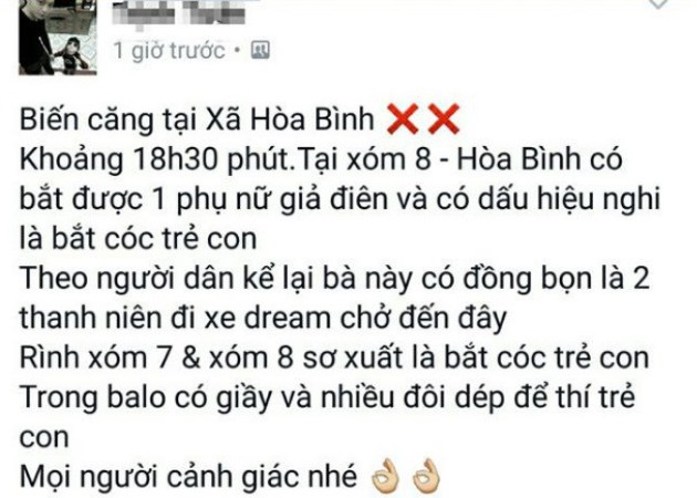 Thông tin sai sự thật việc người đàn bà điên bắt cóc trẻ em ở xã Hoà Bình gây hoang mang sư luận. (Ảnh: Facebook)