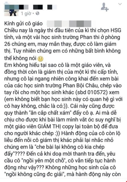 
Học sinh phản ánh việc làm của giám thị trên trang cá nhân.
