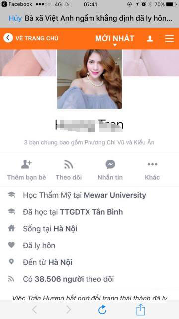 
Dòng trạng thái Đã ly hôn hiện trên trang cá nhân của Trần Hương
