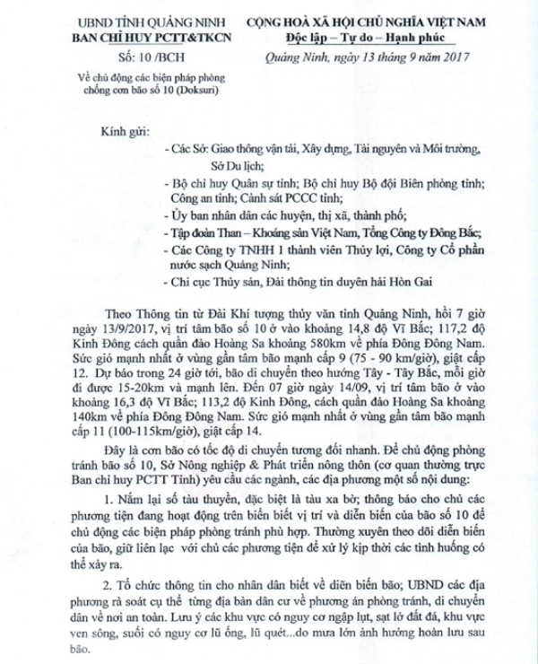 
Công điện khẩn của Ban PCTT&TKCN tỉnh Quảng Ninh về cơn bão số 10. Ảnh: Đ.Tùy
