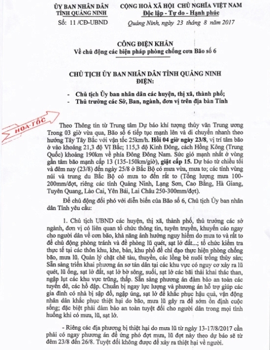 Nội dung Công điện khẩn của UBND tỉnh Quảng Ninh về cơ bão số 6. Ảnh: Đ.Tùy