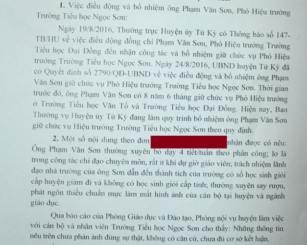 
Nội dung Công văn của UBND huyện Tứ Kỳ thông tin nột dung kết luận sự việc đơn tố cáo Phó hiệu trưởng trường tiểu học Ngọc Sơn. Ảnh: Đ.Tuỳ
