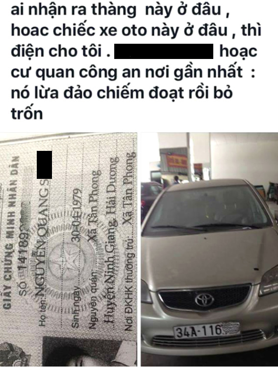 
Quá bức xúc khi anh S. mượn xe ô tô không trả rồi bỏ trốn, ông T. đã đăng thông tin lên mạng xã hội. Ảnh: Đ.Tuỳ
