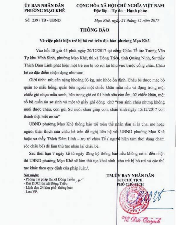 Thông báo của UBND phường Mạo Khê về sự việc. Ảnh: Đ.Tùy