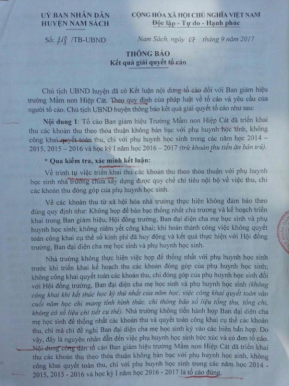 
Thông báo kết quả giải quyết tố cáo tại trường mầm non Hiệp Cát của UBND huyện Nam Sách. Ảnh: Đ.Tùy

