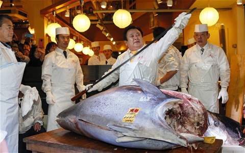 
Trong một phiên đấu giá tại chợ cá tấp nập Tsukiji ở Tokyo, con cá ngừ nặng 222 kg mắc câu ở ngoài khơi phía đông bắc Nhật Bản đã được bán ra với giá 155,4 triệu yen, tương đương 1,7 triệu USD.

