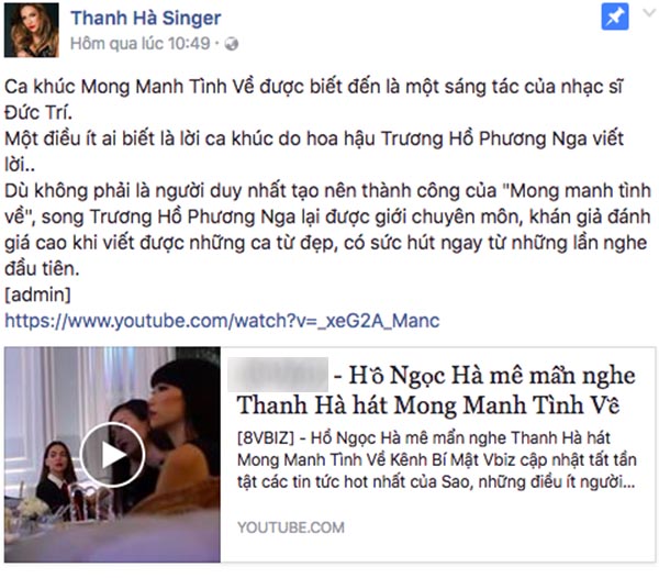 
Chia sẻ gây chú ý về Trương Hồ Phương Nga của ca sĩ Thanh Hà
