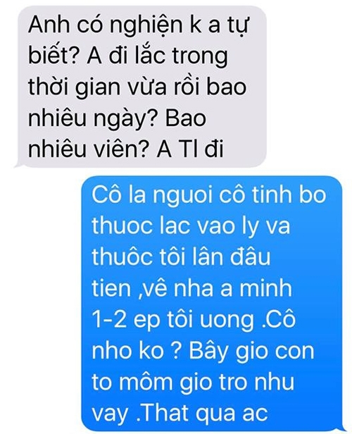 
Bảo Duy tung tin nhắn, tố Phi Thanh Vân là người bỏ thuốc lắc vào ly và ép anh uống. 
