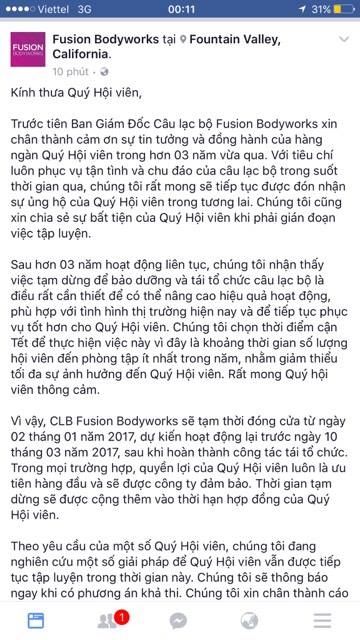 Th&ocirc;ng b&aacute;o tr&ecirc;n fanpage của CLB Fusion Bodyworks