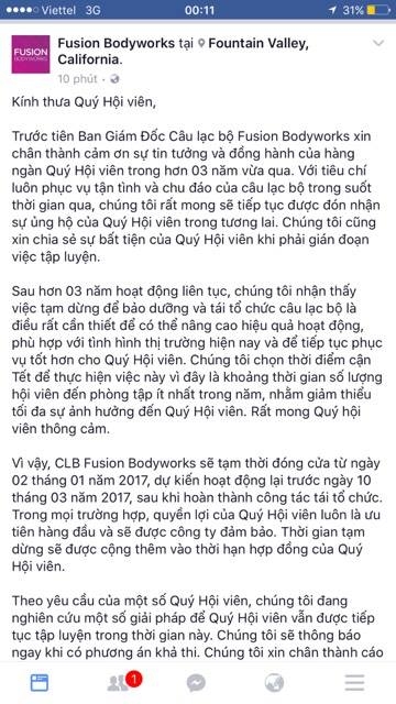 Thông báo trên fanpage của CLB Fusion Bodyworks