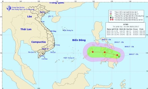 Đường đi và vị trí của cơn bão (Ảnh: TTDBKTTVTW)