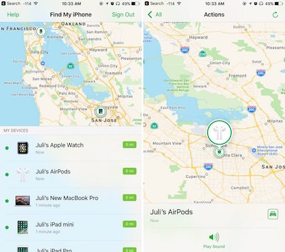 
Giao diện Find My AirPods trên iOS 10.3 beta.
