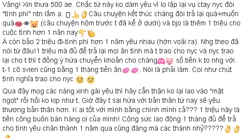 
Cô gái đăng tải câu chuyện chia tay đòi quà trên facebook.
