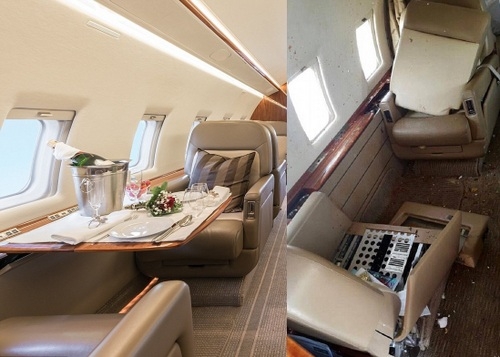 
Nội thất m&aacute;y bay trước v&agrave; sau sự cố. Ảnh: Flight Service Bureau.

