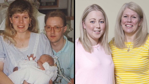 Sandra ôm Rachel lúc mới sinh (trái) và hai mẹ con 25 năm sau. Ảnh: Richard Cannon.