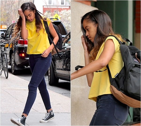 
Cô Malia Obama trở lại nơi làm việc trong trang phục áo thun vàng cùng quần jeans đơn giản vào sáng ngày 14/04.
