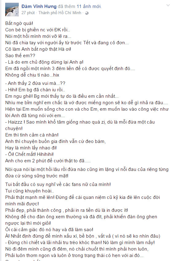 
Đàm Vĩnh Hưng tiết lộ chuyện tình cảm của Hà Hồ trên trang cá nhân. Ảnh: FBNV.
