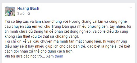 
Ca sĩ Hoàng Bách chia sẻ quan điểm của mình trên trang cá nhân.
