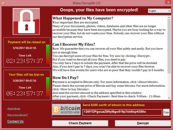 
Giao diện mã độc tống tiền WannaCry, yêu cầu người dùng nộp 300USD để mở khóa các dữ liệu đã mã hóa
