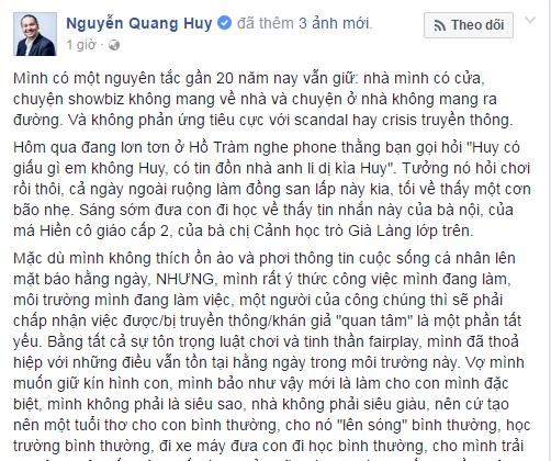 
Dòng trạng thái trên trang cá nhân của Quang Huy.
