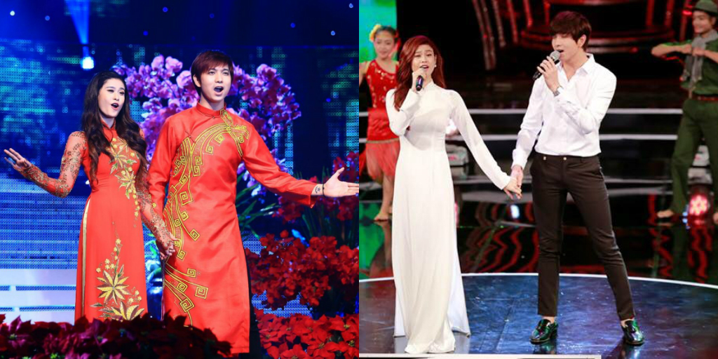 Thời trang cặp đôi của cả hai còn thể hiện rõ trên sân khấu biểu diễn, nếu Trương Quỳnh Anh chọn áo dài tông đỏ họa tiết hoa mai cách điệu rất rực rỡ thì Tim cũng chọn áo dài hình tượng chim Lạc màu vàng thêu nổi để sánh đôi cùng cô. Hoặc khi Trương Quỳnh Anh nền nã với áo dài trắng tinh khiết thì Tim sẽ lịch lãm với cách phối áo sơ mi trắng, quần chino và giày tây quen thuộc