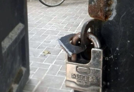 Băng trộm cắt kh&oacute;a cổng căn nh&agrave; để v&agrave;o trộm k&eacute;t sắt giữa ban ng&agrave;y. Ảnh : Tuấn Kiệt.