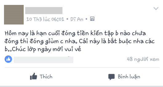 
Trân kêu gọi cả lớp đóng tiền kiến tập dù nhà trường không yêu cầu.
