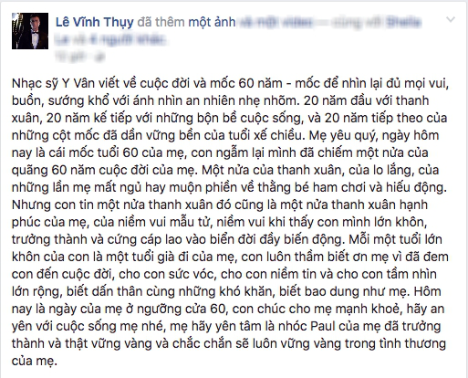 Dòng trạng thái đầy xúc động của Vĩnh Thụy gửi đến mẹ trong ngày sinh nhật tròn 60 của bà.