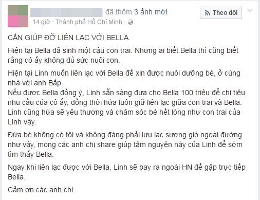 Chị Linh chia sẻ mong muốn nhận nuôi con trai Bella trên trang facebook cá nhân. Ảnh chụp màn hình.