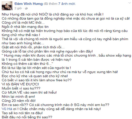 
D&ograve;ng status bức x&uacute;c của Đ&agrave;m Vĩnh Hưng.
