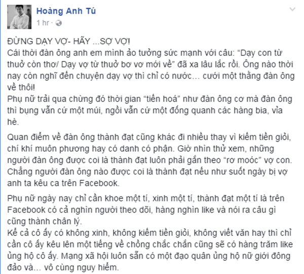 
Chia sẻ của nhà văn Hoàng Anh Tú trên trang cá nhân về đề tài sợ vợ.
