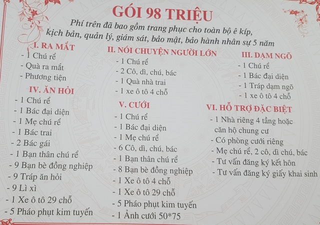 Bảng giá dịch vụ thuê chồng và đám cưới giả có giá 98 triệu.