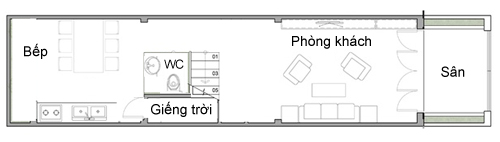 Minh họa bố trí ở tầng một của nhà chị Vân với giếng trời đầu tiên được xây sát hông nhà.