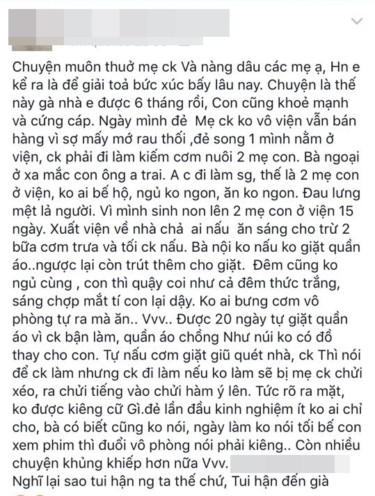 
Đoạn tâm sự đầy khổ đau uất ức của phận làm dâu gặp mẹ chồng tai quái vô tâm.
